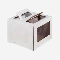 Коробка для торта с окном 12 см и ручкой белая 26х26х20 см 019020 ф